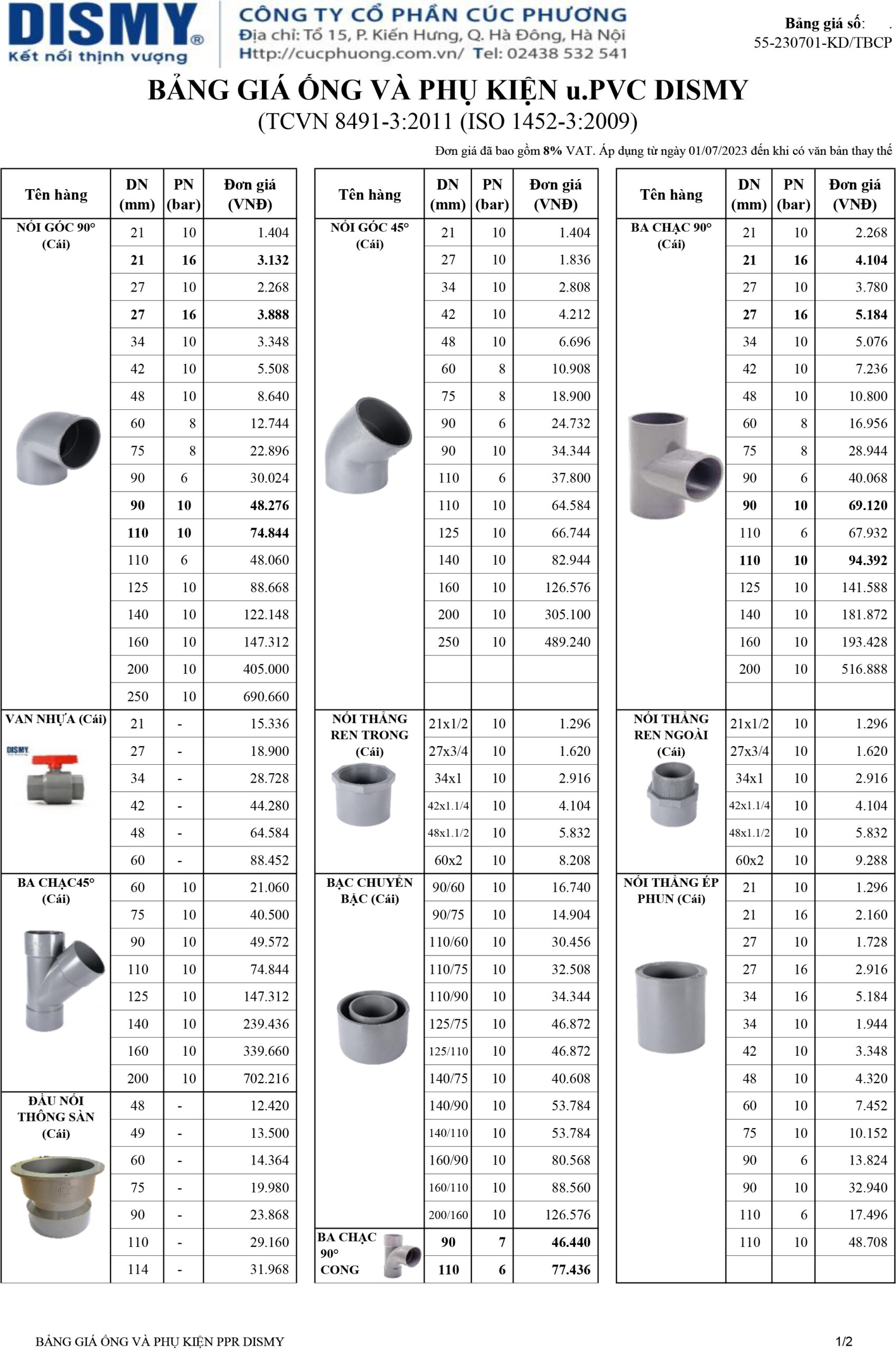 Bảng giá Dismy uPVC , PPR , HDPE